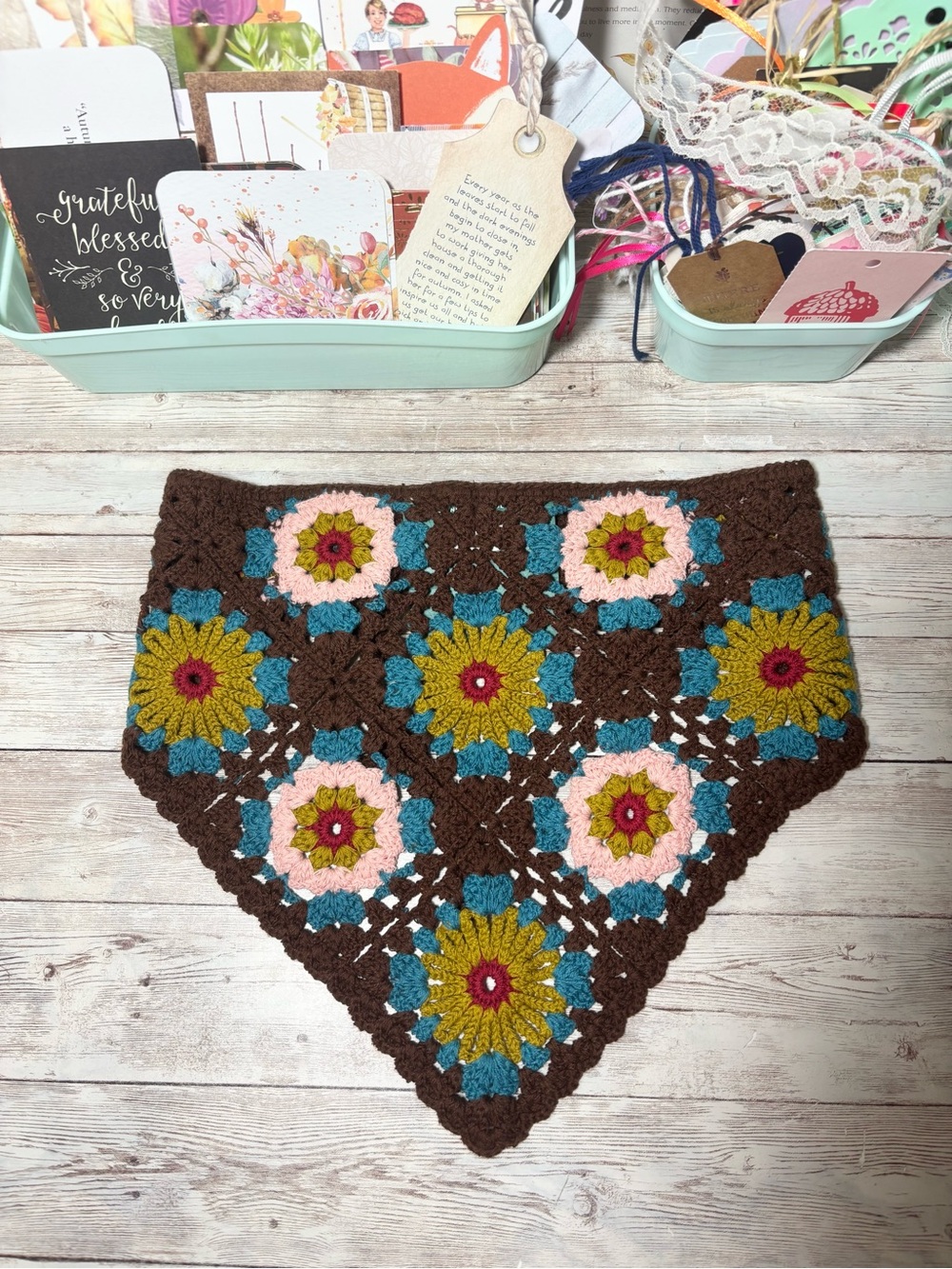 NWT Earthbound Crochet Floral Head Wrap Bandana Brown Pink Autumn Granny Square